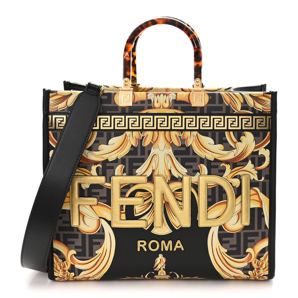 X VERSACE Calfskin Plexiglass Fendace FF Baroque Print Medium Fendi Sunshine Shopper Tote Black Gold