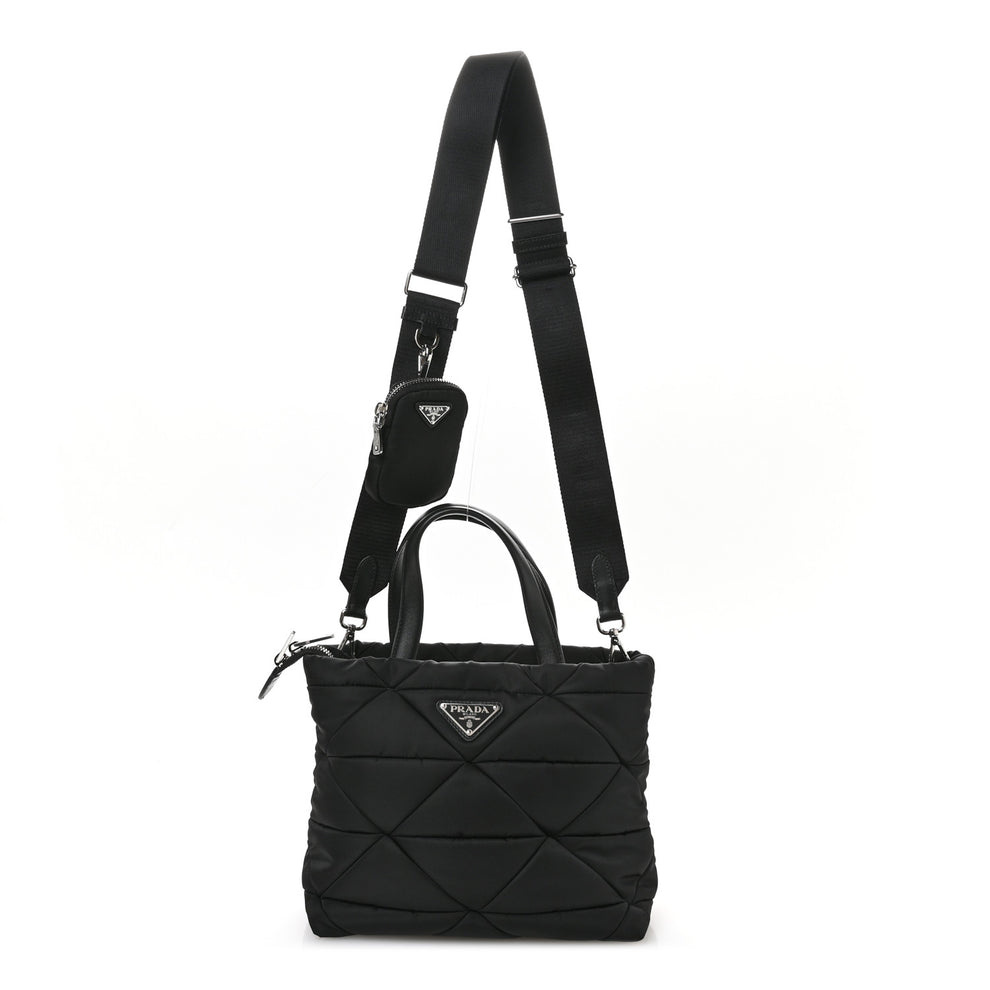 Re-Nylon Nappa Triangle Quilted Padded Double Handled Zip Pocket Tote Black