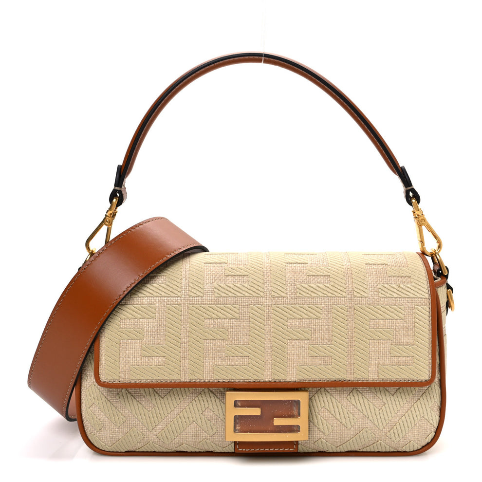 Raffia Vitello King Lucido FF Embroidered Baguette Alchemy Brandy