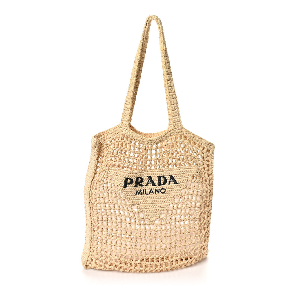 Yarn Raffia Effect Crochet Logo Embroidered Tote Bag Naturale